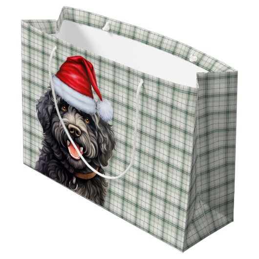 Green Kariert Barbet Dog Holiday Große Geschenktüte (Rückseite Schrägansicht)