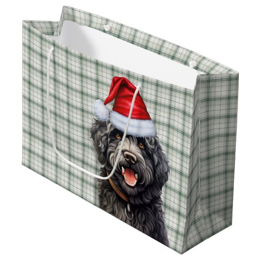Green Kariert Barbet Dog Holiday Große Geschenktüte (Vorderseite Schrägansicht)