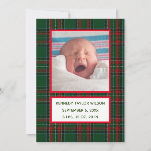 Green Kariert Birth Announcement Card Ankündigung (Vorderseite)