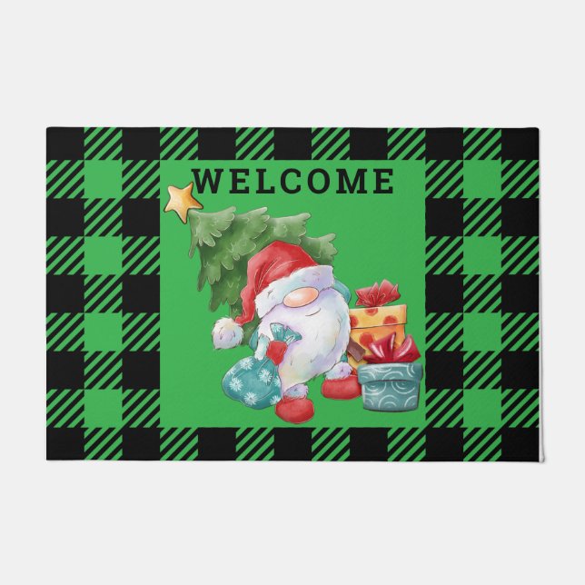 Green Kariert Christmas Gnome Doormat Fußmatte (Vorderseite)