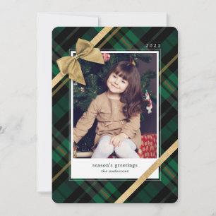 Green Kariert Gift Wrapped & Gold Bow Dieses Foto Feiertagskarte