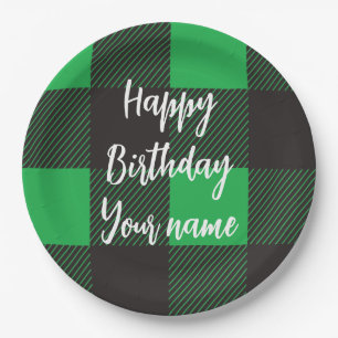 Green Kariert Happy Birthday Pappteller