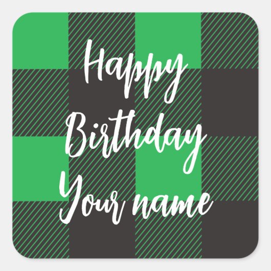 Green Kariert Happy Birthday Quadratischer Aufkleber (Vorderseite)