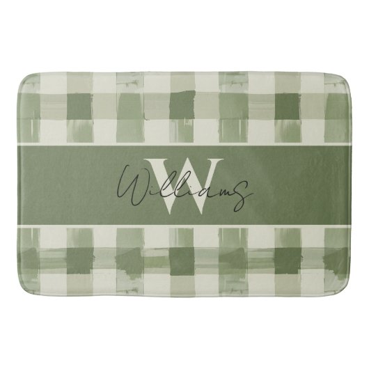 Green Kariert Monogram Family Name Badezimmer Badematte (Vorderseite)
