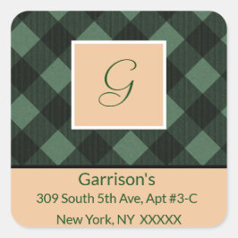 Green Kariert Monogram Rücksendeadresse Square Sie Quadratischer Aufkleber