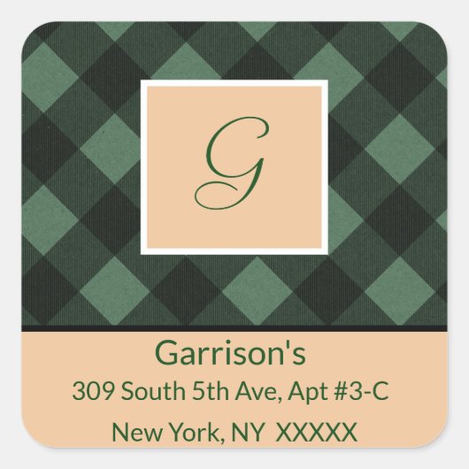 Green Kariert Monogram Rücksendeadresse Square Sie Quadratischer Aufkleber (Vorderseite)