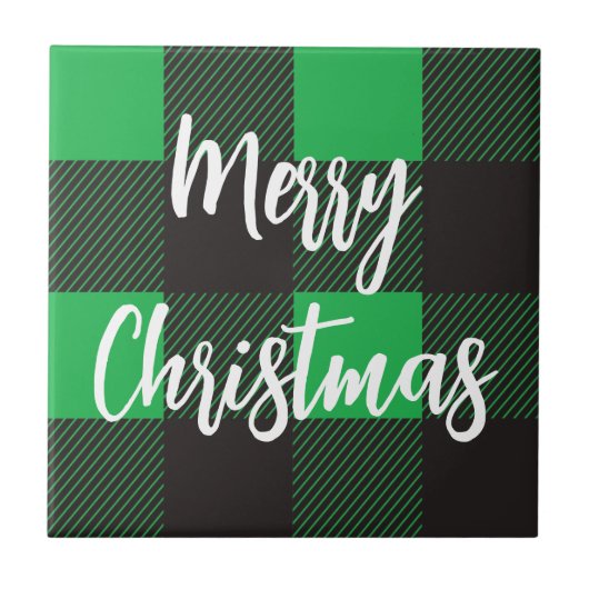 Green Kariert Pattern Frohe Weihnachten Fliese (Vorderseite)