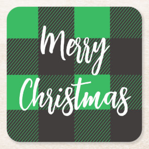 Green Kariert Pattern Frohe Weihnachten Rechteckiger Pappuntersetzer