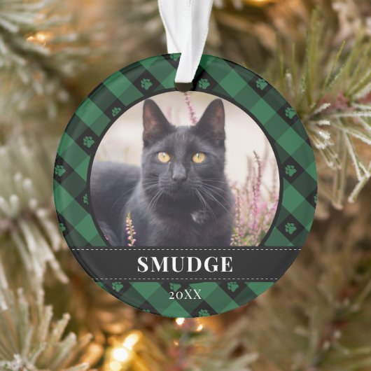 Green Kariert Paw Prints Pet Foto Ornament (Baum)