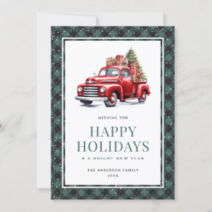 Green Kariert Red Truck Tree Happy Holidays Card Feiertagskarte
