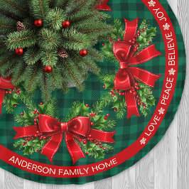 Green Kariert Ribbon Holly Festive Words Weihnacht Polyester Weihnachtsbaumdecke