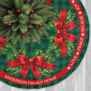 Green Kariert Ribbon Holly Festive Words Weihnacht Polyester Weihnachtsbaumdecke
