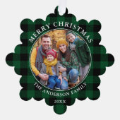 Green Kariert Rustic Frohe Weihnachten Foto Ornament Karte (Vorderseite)