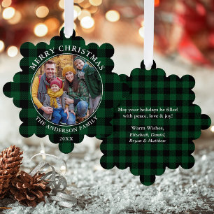 Green Kariert Rustic Frohe Weihnachten Foto Ornament Karte