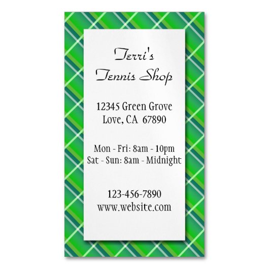 Green Karierte Magnetkarte für kleine Unternehmen Magnetische Visitenkarte (Vorderseite Vertikal)