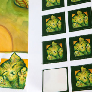 Green Kitty Cat Caturday Art kitten Designs Quadratischer Aufkleber