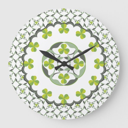 Green Kleeblatt Clover Celtic Pattern Große Wanduhr (Vorderseite)