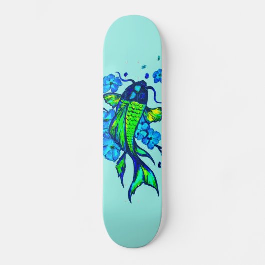 Green Koi Carp Blue Flowers Skateboard (Vorderseite)