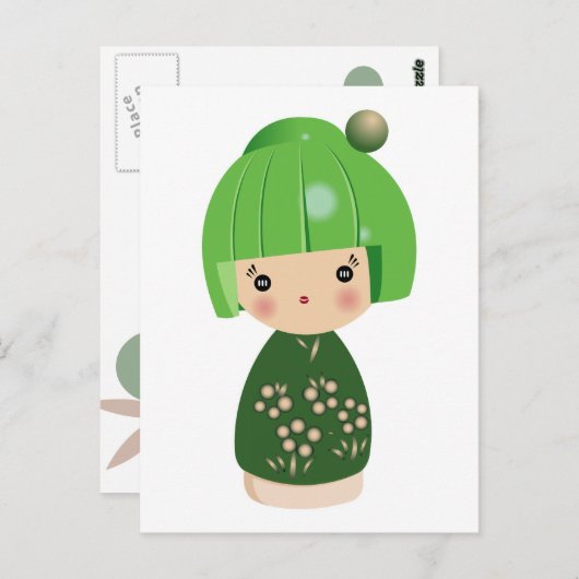 Green Kokeshi Triplet Postcard Postkarte (Vorne/Hinten)