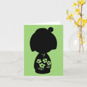 Green Kokeshi Triplet Silhouette Note Card Karte (Gelbe Blume)