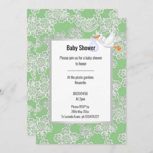 GREEN LACE DETAIL WHITE STORK BABY SHOWER EINLADUNG (Vorne/Hinten)
