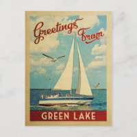 Green Lake Sailboat Vintage Travel Wisconsin
