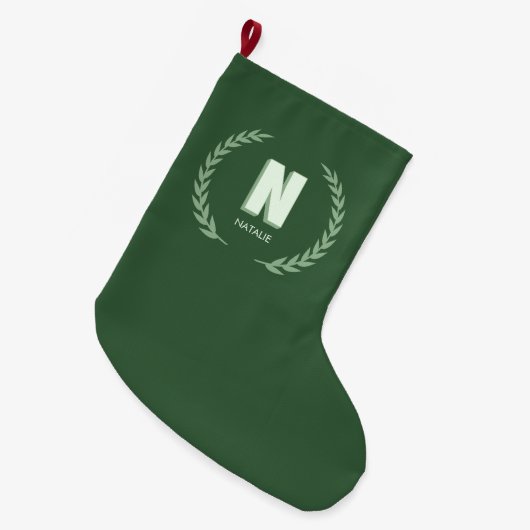 Green Laurel Wreath Letter N Monogram  Großer Weihnachtsstrumpf (Vorderansicht (hängend))