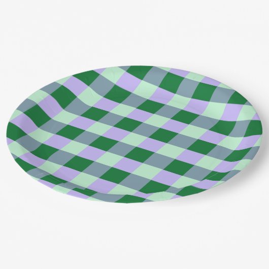 Green & Lavender Gingham Stripes Karo Muster Pappteller (Schrägansicht)