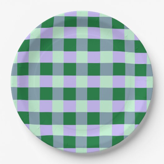 Green & Lavender Gingham Stripes Karo Muster Pappteller (Vorderseite)