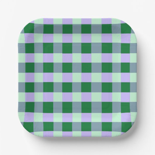 Green & Lavender Gingham Stripes Karo Muster Pappteller (Vorderseite)