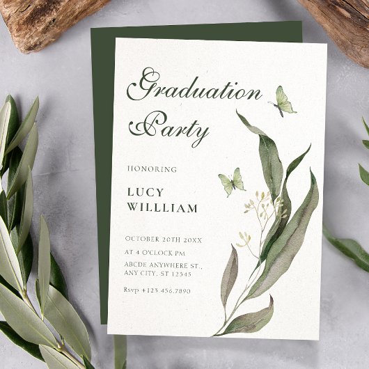 Green leaf Aesthetic elegant graduation  Einladung