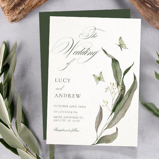 Green leaf Aesthetic elegant wedding Einladung