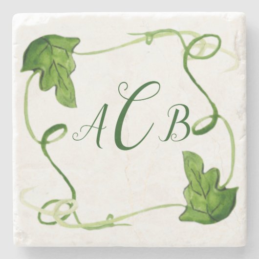Green Leaf Art Custom Monogram Steinuntersetzer (Vorderseite)