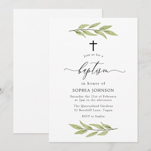 Green Leaf Baby Boy oder Girl Baptisse Einladung (Vorne/Hinten)