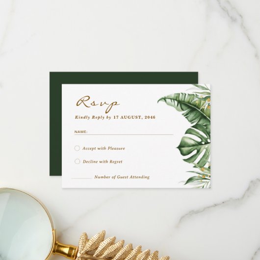 Green Leaf Boho Greenerity Wedding RSVP Cards Dankeskarte (Vorderseite/Rückseite Beispiel)