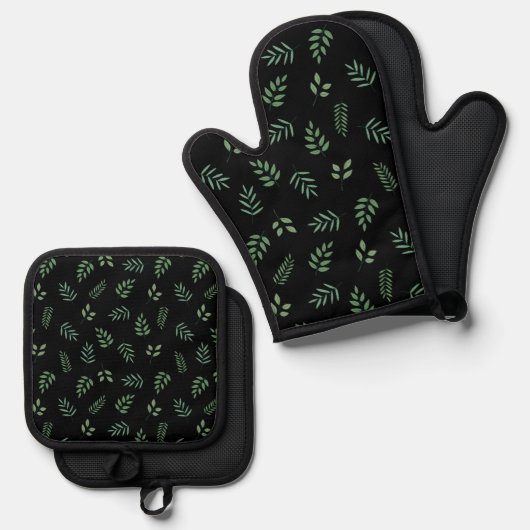 Green Leaf Kitchen Mitt and Pot Holder Set für Che (Vorderseite/Rückseite)