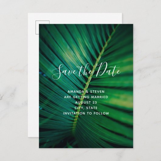 Green Leaf Palm Frontend Closeup Foto Save the Dat Einladungspostkarte (Vorne/Hinten)