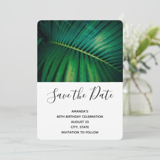 Green Leaf Palm Frontend Schließung Foto Geburtsta Save The Date (Stehend Vorderseite)