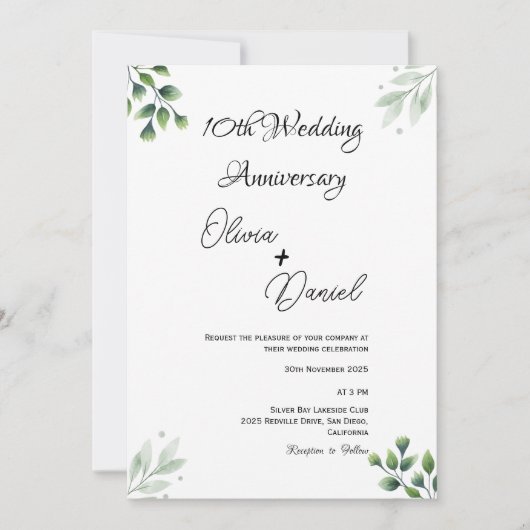 Green Leaf' Standard 10th Wedding Anniversary Einladung (Vorderseite)