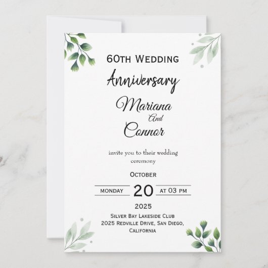 Green Leaf' Standard 60th Wedding Anniversary Einladung (Vorderseite)