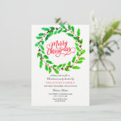 Green Leaf Wreath Familienweihnachtsfest Party lad Einladung (Stehend Vorderseite)
