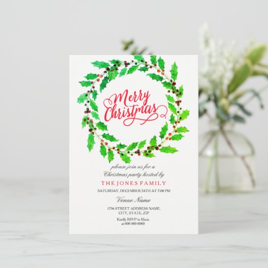 Green Leaf Wreath Familienweihnachtsfest Party lad Einladung (Stehend Vorderseite)