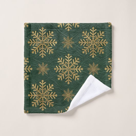 Green Leather Tooled with Gold Snowflakes Initials Badhandtuch Set (Waschlappen)