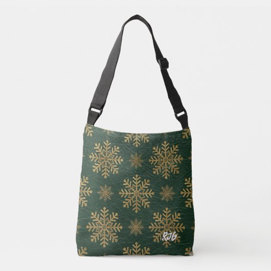 Green Leather Tooled with Gold Snowflakes Initials Tragetaschen Mit Langen Trägern (Vorderseite)