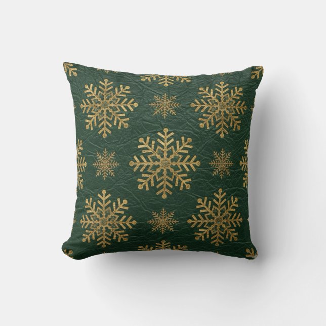 Green Leather Tooled with Gold Snowflakes Kissen (Vorderseite)
