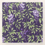 Green Leaves and Wisteria Floral Pattern Glasuntersetzer<br><div class="desc">Seamless pattern of lush green leaves and delicate purple wisteria flowers on a dark purple background,  creating an elegant,  floral design.</div>