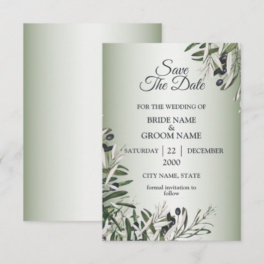 Green Leaves Black Olive Elegant Wedding Save The Date (Vorne/Hinten)