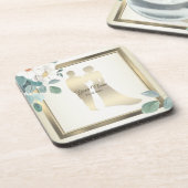 Green Leaves Flower Golden Frame Wedding Party Getränkeuntersetzer (Linke Seite)