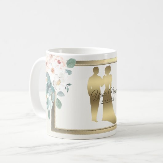 Green Leaves Flower Golden Frame Wedding Party Kaffeetasse (Vorderseite Links)