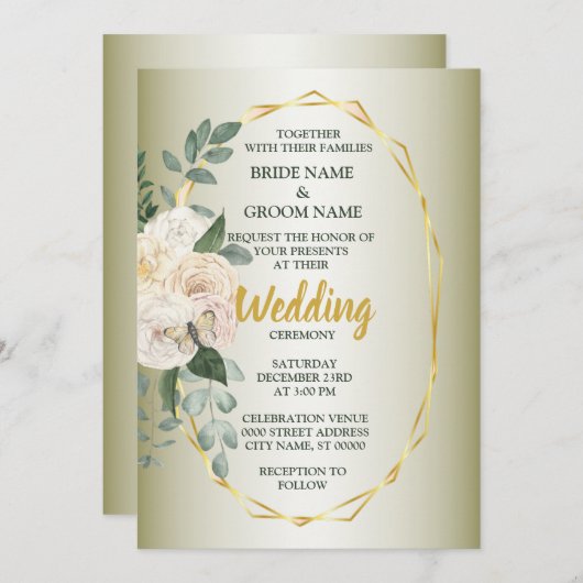 Green Leaves Pink Floral Golden Geometric Wedding Einladung (Vorne/Hinten)